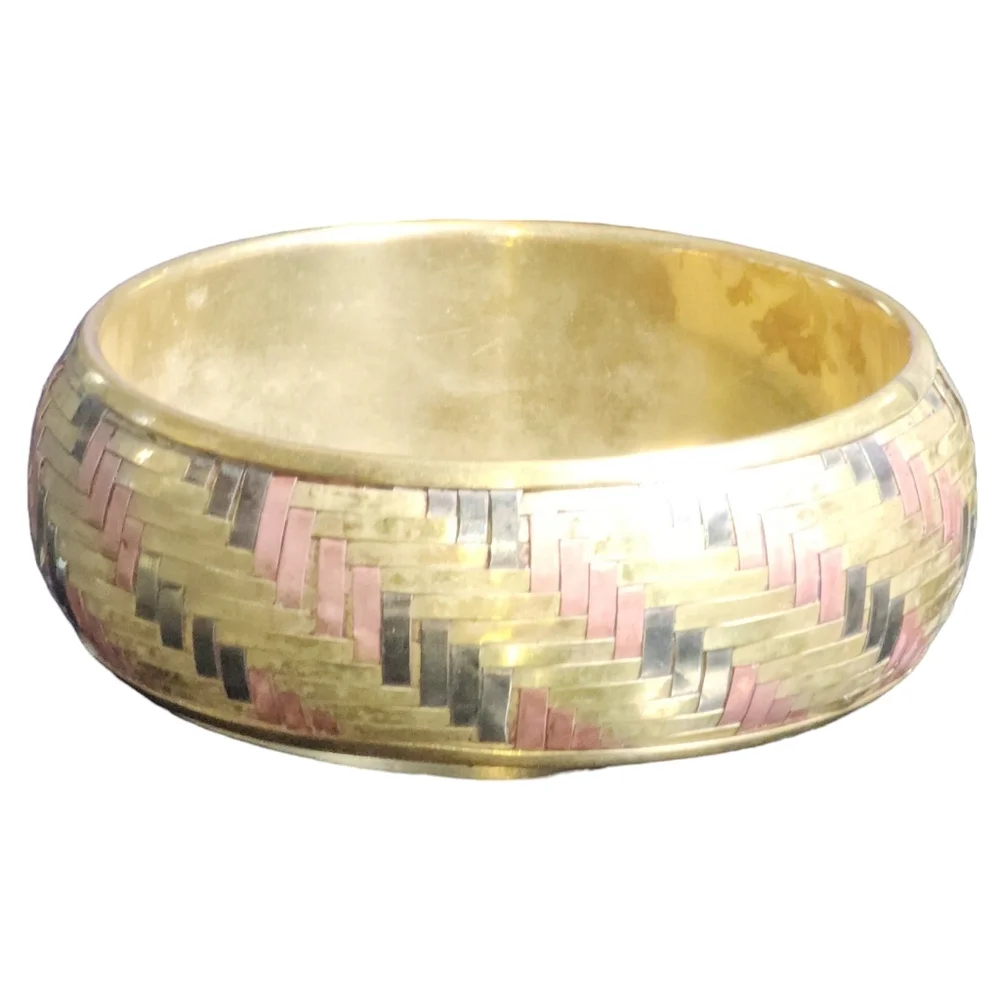 Vintage Boho Tri-Color Brass Copper & Silver Plated Basket Weave Bangle Bracelet
